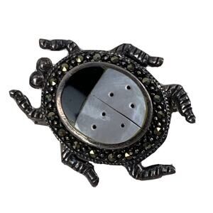 VTG Sterling Silver Beetle Brooch ART DECO Mother of Pearl & Marcasite Pin 1.25"